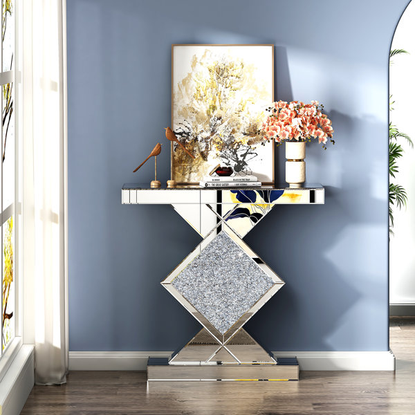 Silver Mirrored Console Table With Crushed Diamond Inlay - 39.4"L Narrow Sofa Table For Entryway, Hallway